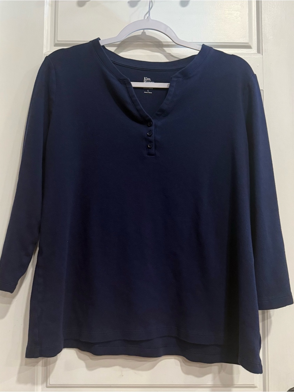 Kim Rogers Perfectly Soft Navy Henley Top Womenโs Large 100% Cotton